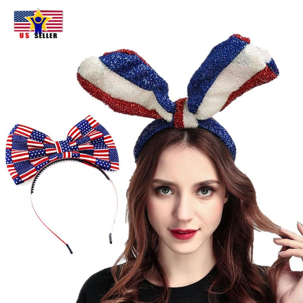 Women American USA Flag Head Hair Band Bow Rabbit Ribbon Large Ears 4th of July